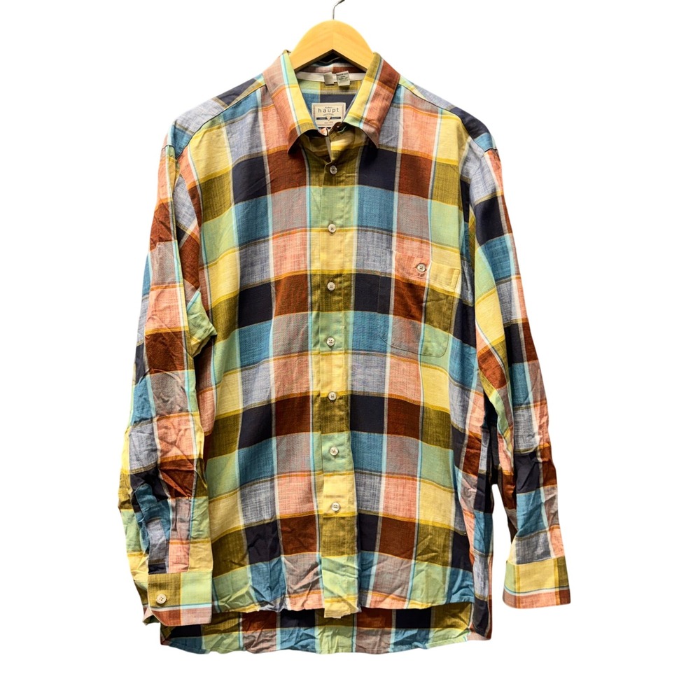 Haupt Button Up Shirt Mens Large Regular Fit Plaid Cotton Linen 41/42 16.5
